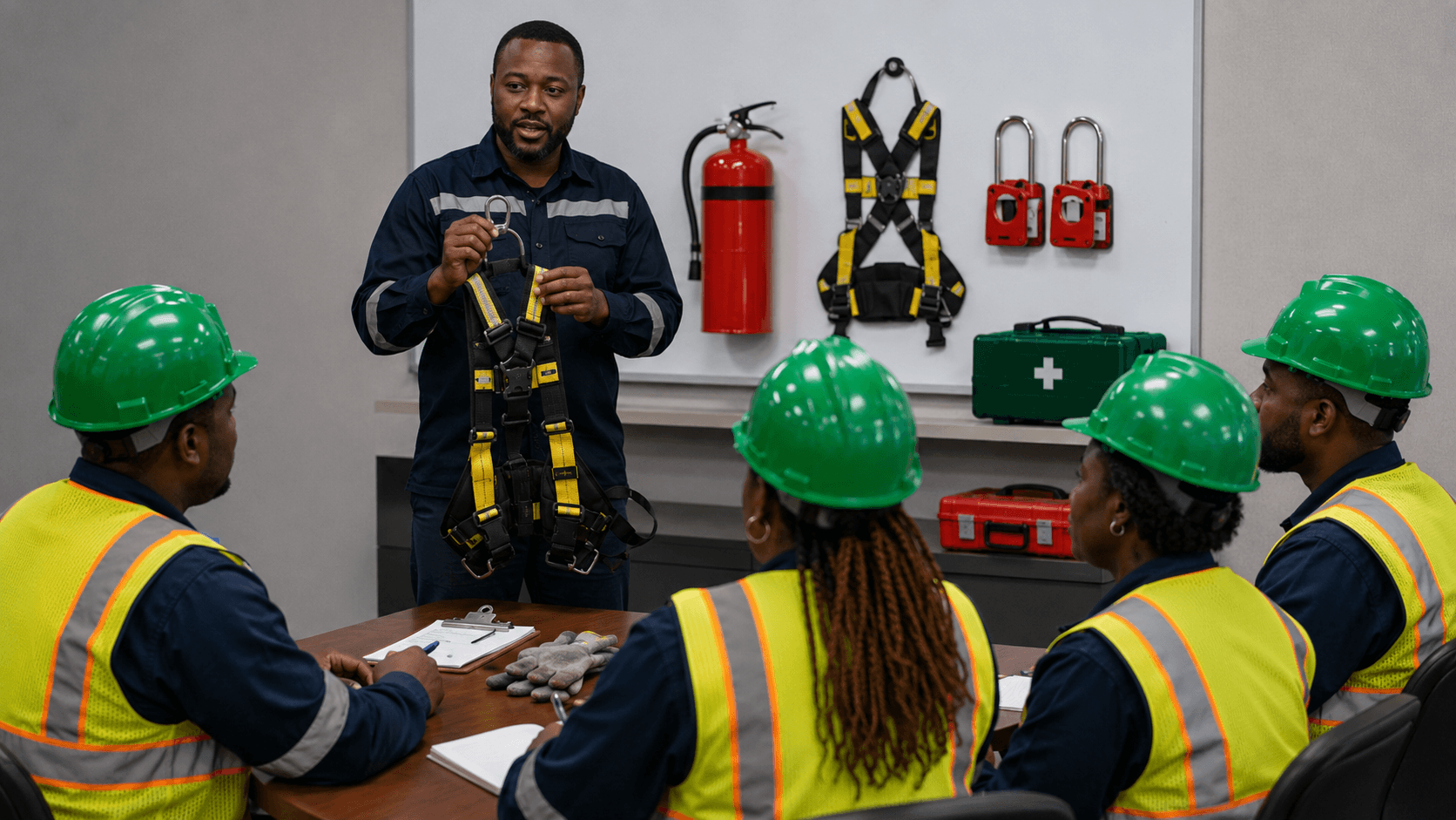 Safety instructor leading protective equipment training